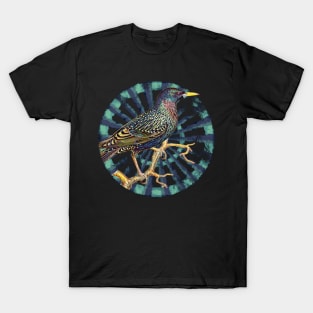 Common Starling Retro Circle Wheel Design T-Shirt